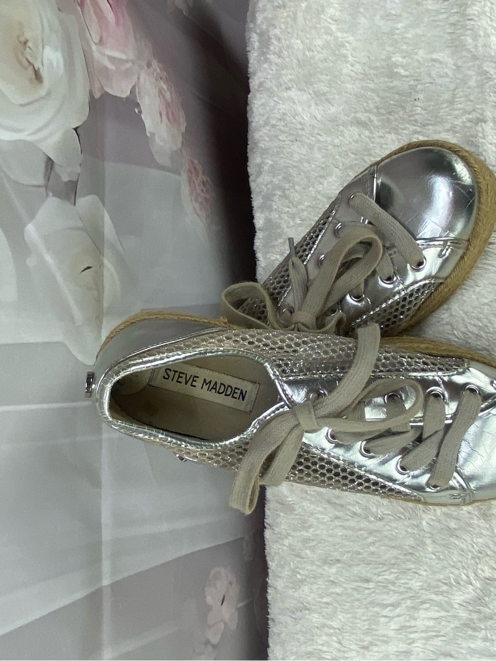 Steve Madden Silver Metallic Lace-Up Espadrille Sneakers with Jute Sole